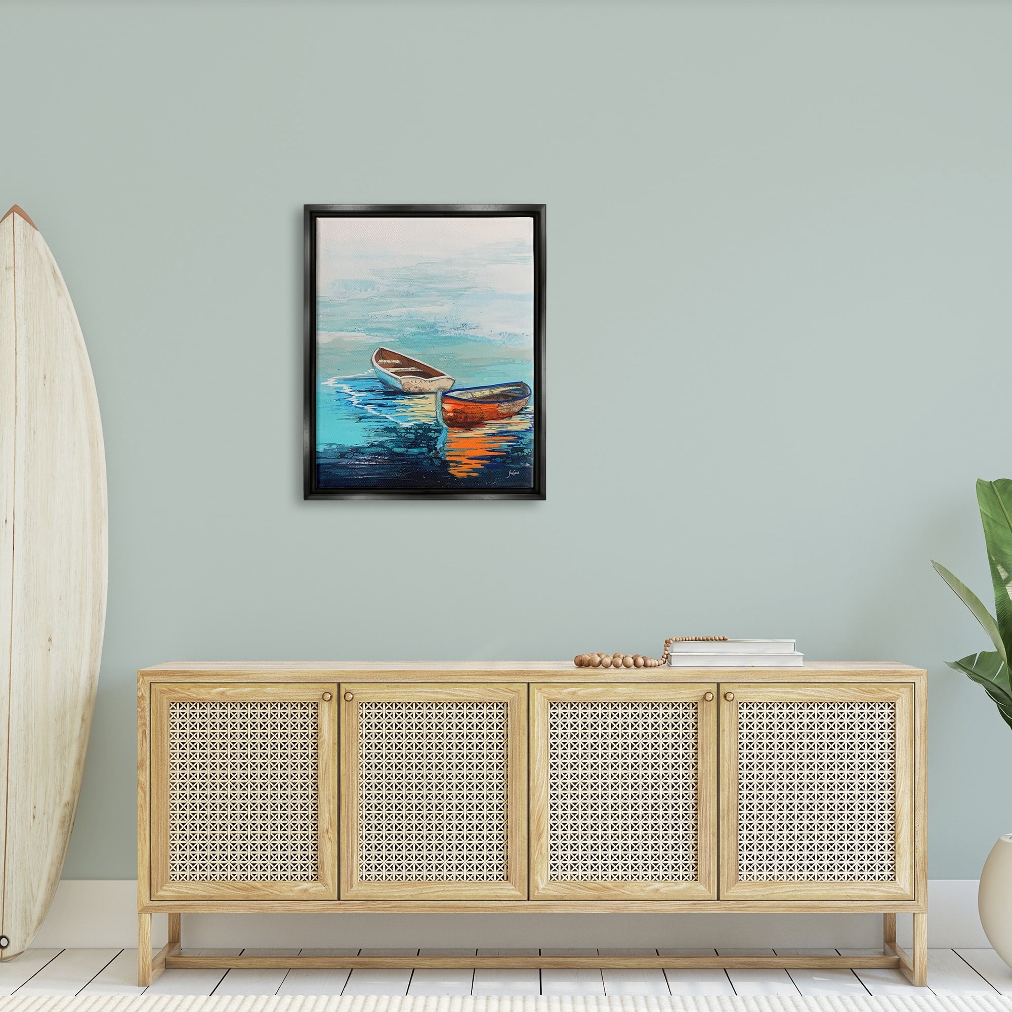 Stupell Industries Quiet Boats Drifting Vivid Ocean Surface Reflection Painting Jet Black Floating Framed Canvas Print Wall Art, Design by Stacy Gresell