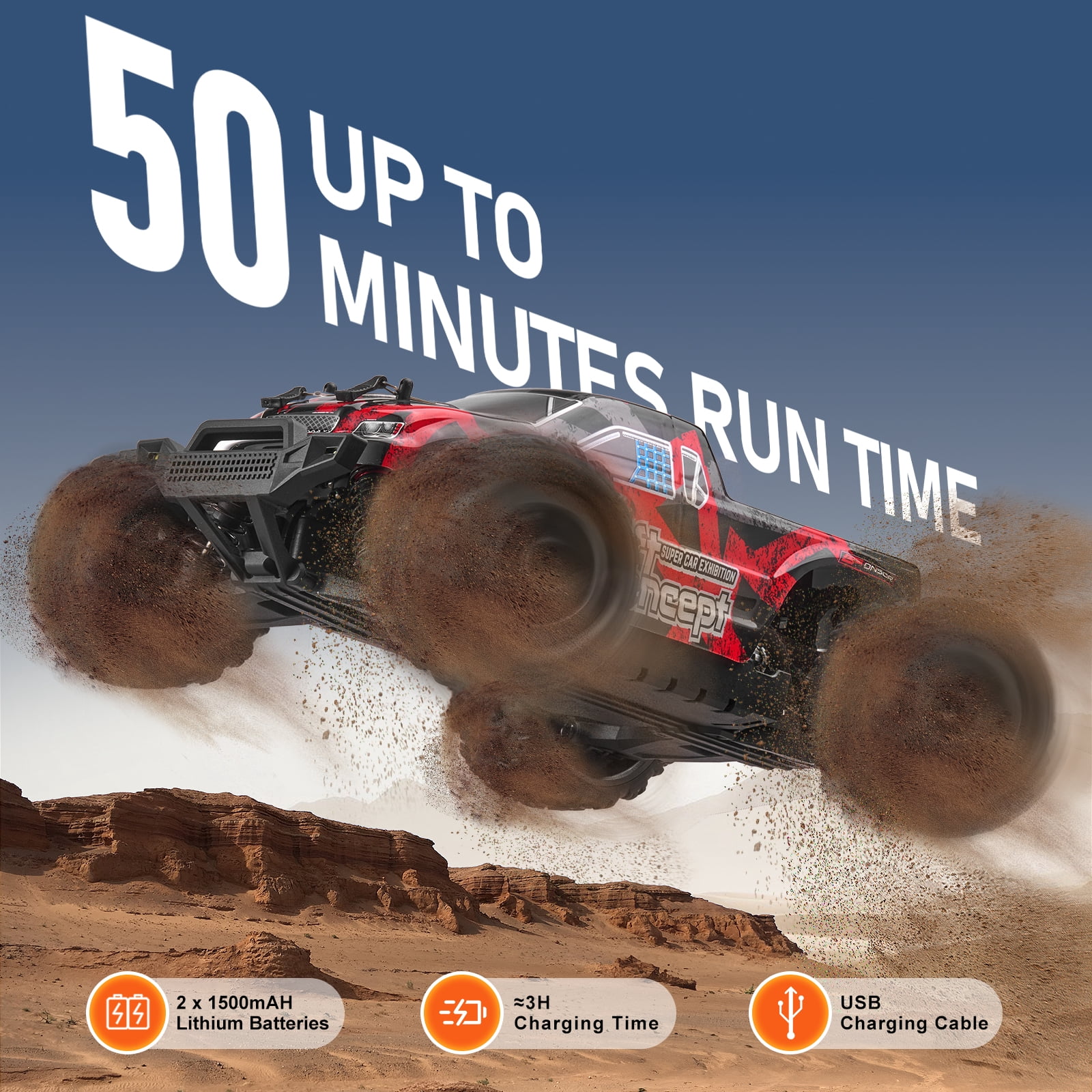 KFFKFF Wireless Operated Vehicle, Kid's RC Car in 1:18 Scale, 4WD Monster Truck for All Terrains, Equipped with 45° Wheelie & Dual Batteries, Achieves 36 km/h Speed, Perfect Present