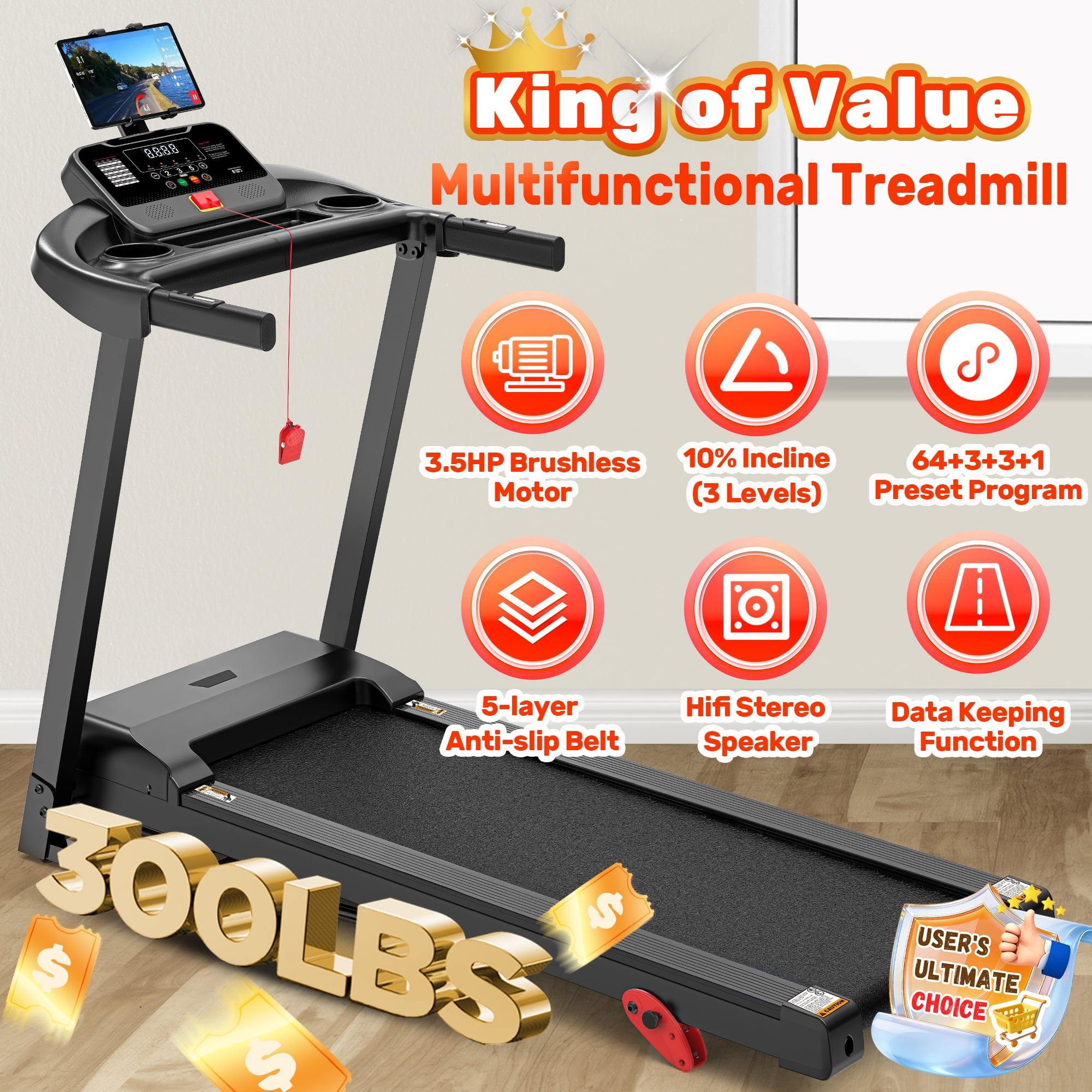 300 lbs Capacity Treadmill for Home, 3.5HP Folding Treadmill w/ 71 Preset Workouts, APP with Free Train Courses, Dual HiFi Speakers, Exercise Equipment for Walking, Jogging, Running