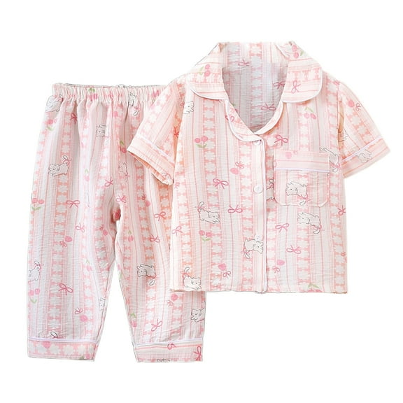 Kids Pajamas Toddler Kids Girls Summer Lightweight Cartoon Print Cotton Breathable Soft Home Wear Pajama Set Pajamas for Girls Pink 1 Years-2 Years