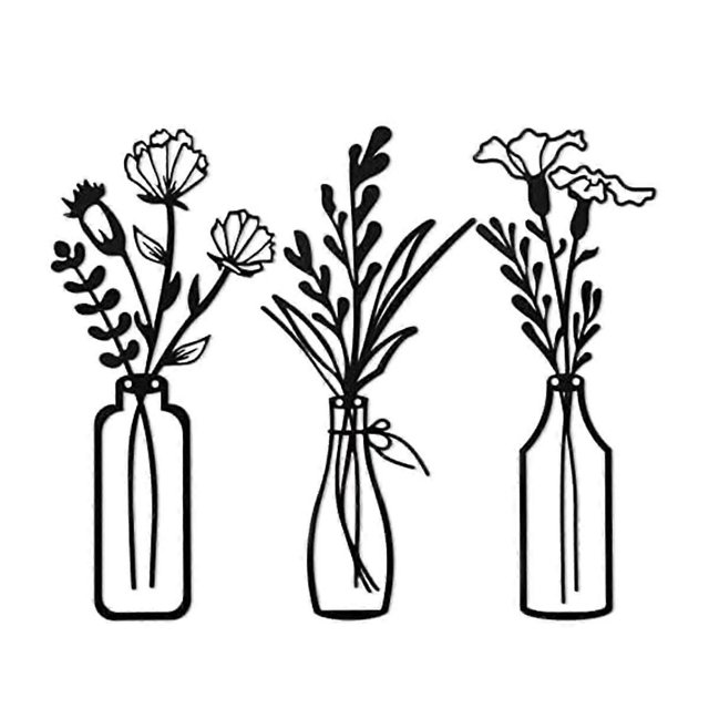 3 Pieces Metal Vase Flowers Wall Arts Minimalist Plant Wall Decor, Metal Wall Art Black Flower Natural Wall Decors