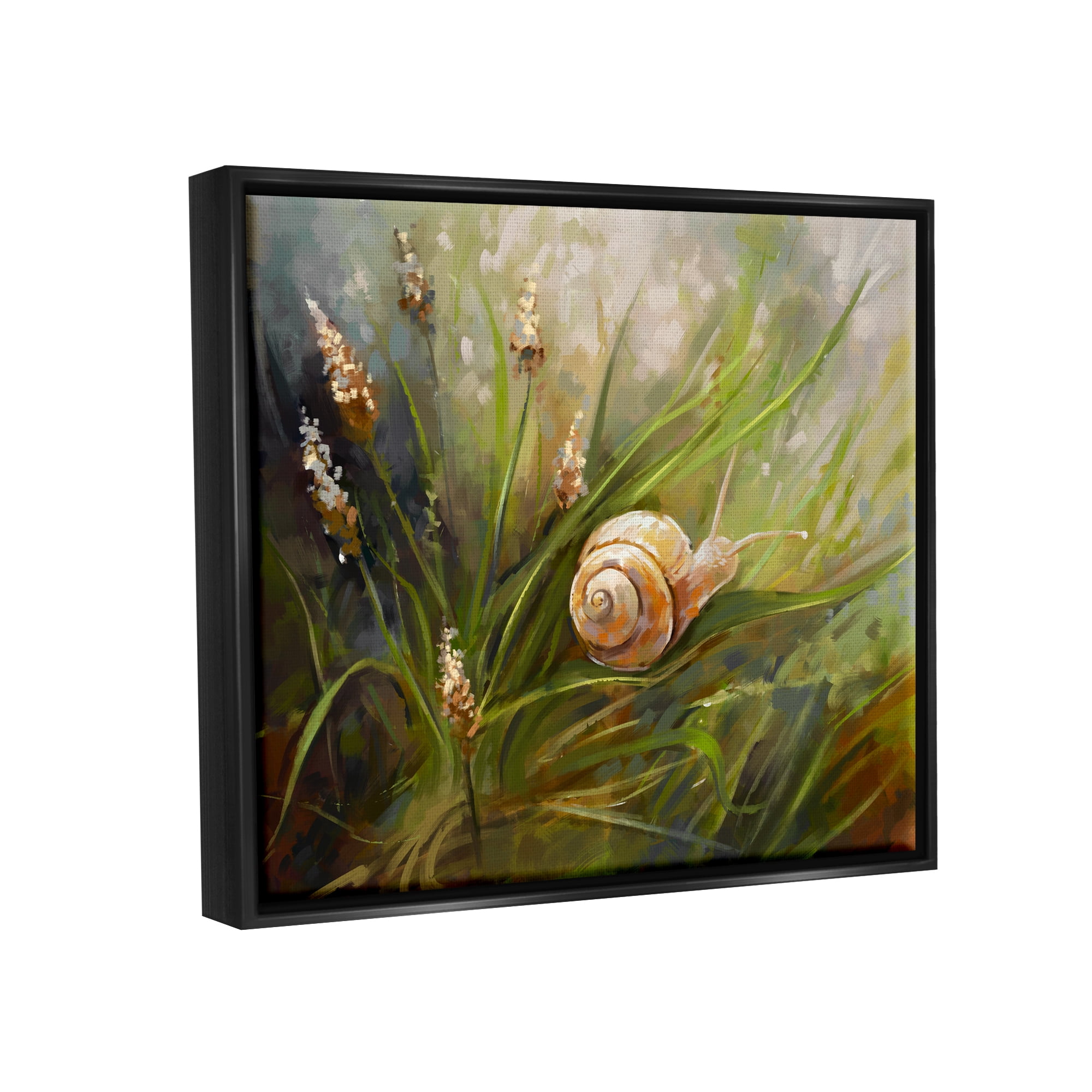 Stupell Industries Snail on Greenery Painting Animals & Insects Painting Black Floater Framed Canvas Art Print Wall Art, 21 x 17
