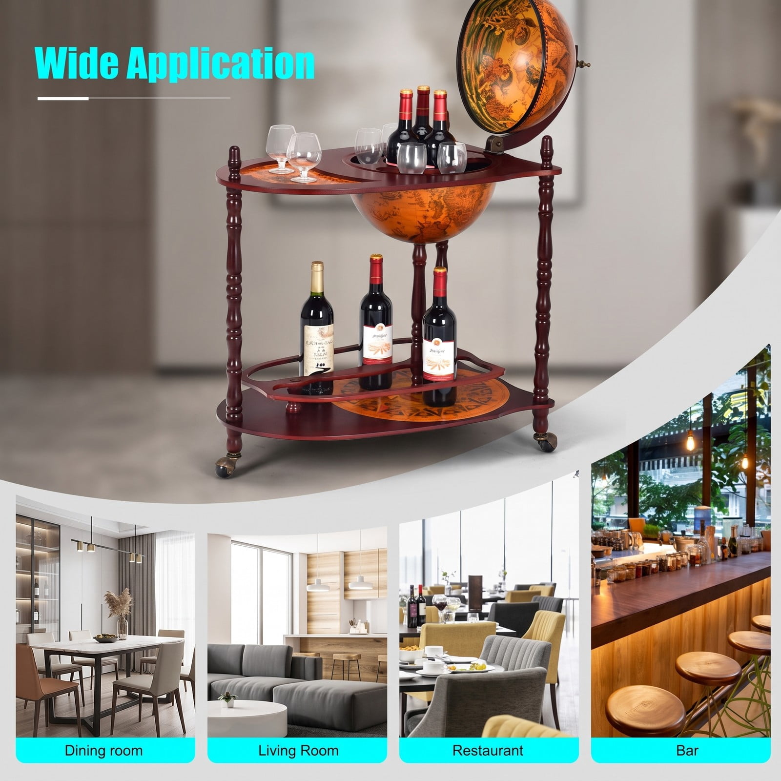 RUIE Vintage Globe Rolling Wine Bar Cart with Extra Shelf, Mobile World Map Liquor Storage Stand with 3 Casters for Home Kitchen Dining Room, Brown