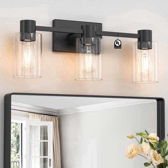 Modern 3-Light Bathroom Vanity Light, Matte Black Wall Sconce Fixture with Clear Glass Shades, E26 Base