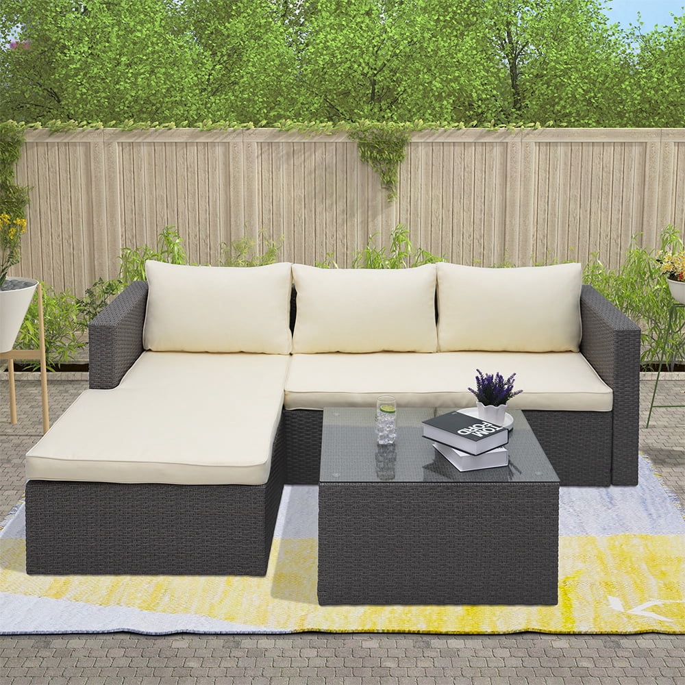 Abble Grey 3Piece Wicker Outdoor Sectional Sofa Set with Beige