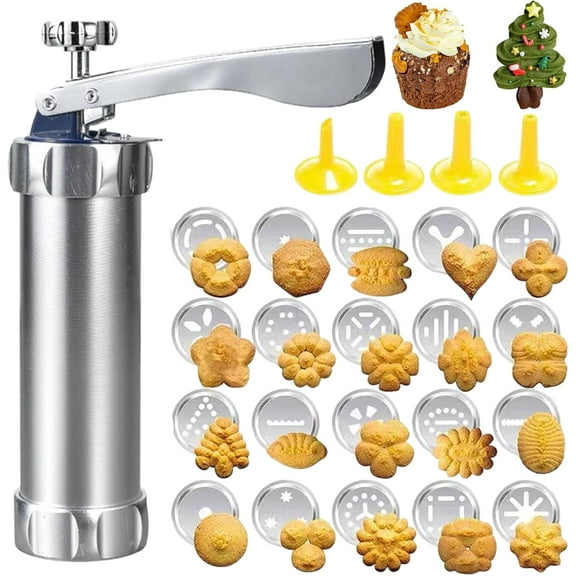 Cookie Press Gun Kit: Spritz Cookie Press Gun Set with 20 Discs and 4 Nozzles, Cookie Press Gun for DIY Biscuit Maker Baking and Cake Icing (Silver)
