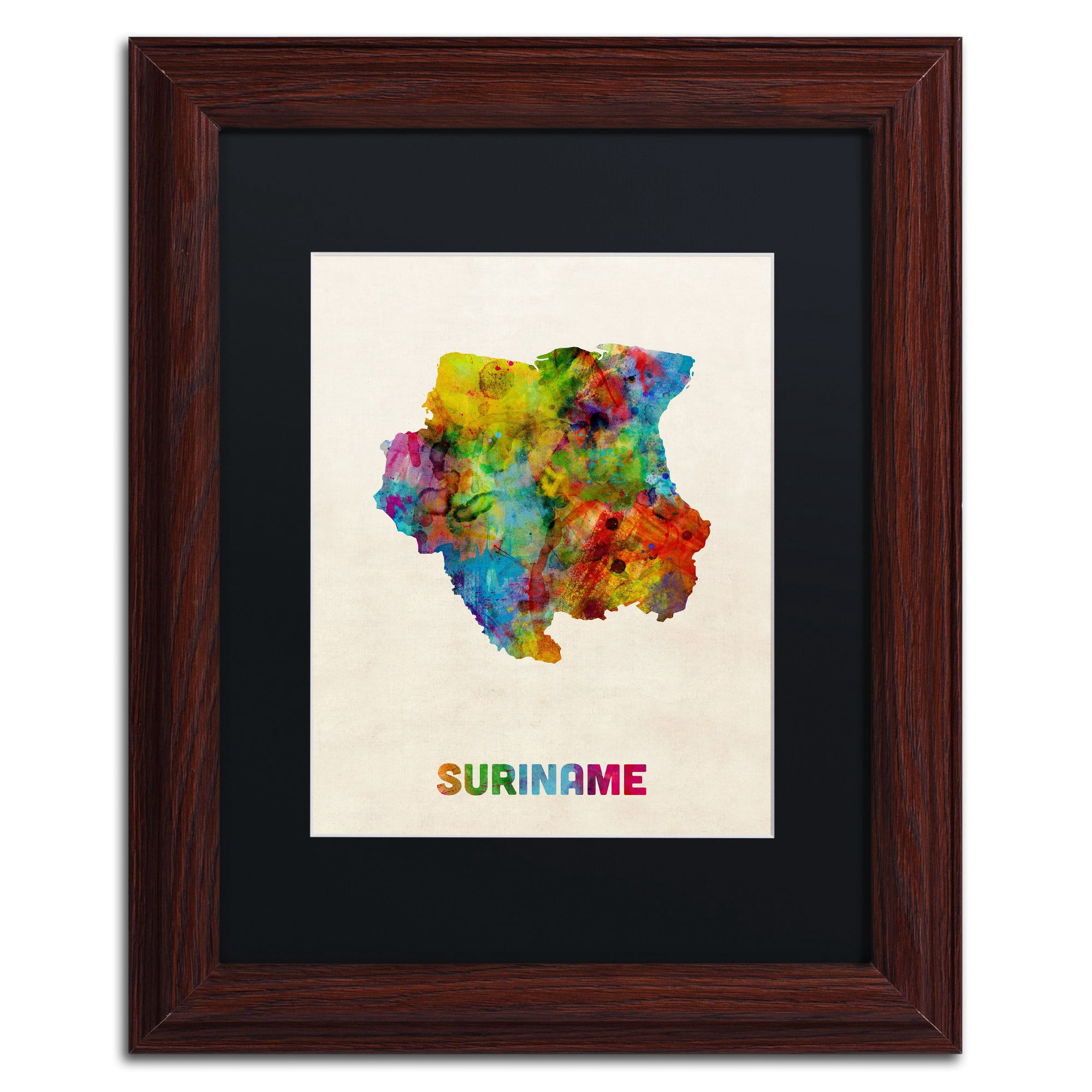 Trademark Fine Art "Suriname Watercolor Map" Canvas Art by Michael Tompsett Black Matte, Wood Frame