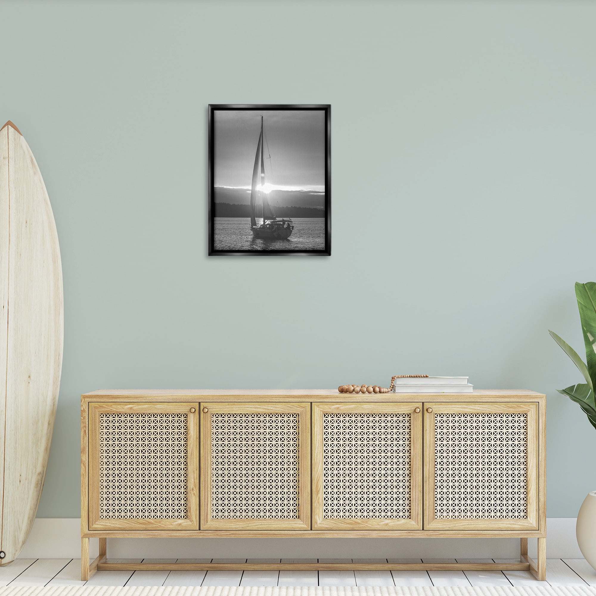 Stupell Industries Grey Sailboat Seascape Transportation Photography Black Floater Framed Canvas Art Print Wall Art, 25 x 31