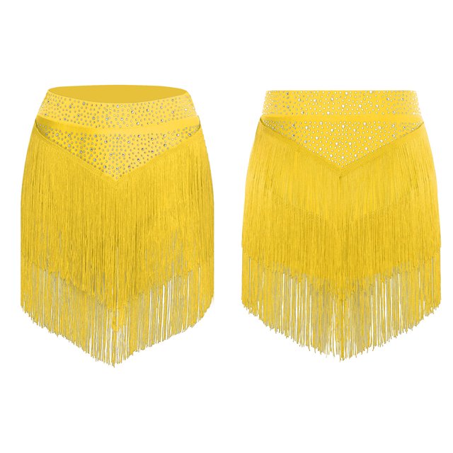 Raenseen Jupe à Franges de Danse Latine de Salon pour Femmes, Taille Élastique, Tango, Rumba, Salsa, Danse à Franges, Mini, Jaune, G