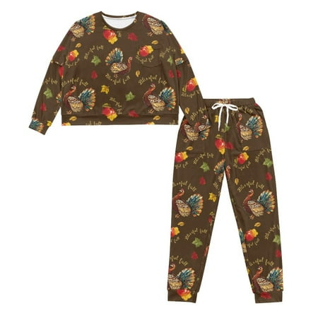 HELLHERO Thanksgiving Pjs Set for Women Turkey Printed Drawstring Pajamas Crewneck Sleepwear Soft Loungewear Long Sleeve Shirt and Pajama Pants Lounge Sets L