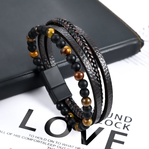 DESIGNICE Mens Bracelet Leather Black Multi-Layer Stone Beads Adjustable Steel Clasp Viking Rope Bands Surfer Man Wristband Male Uk Jewellery Gift Box Boyfriend Dad Son Brother Tiger Eye