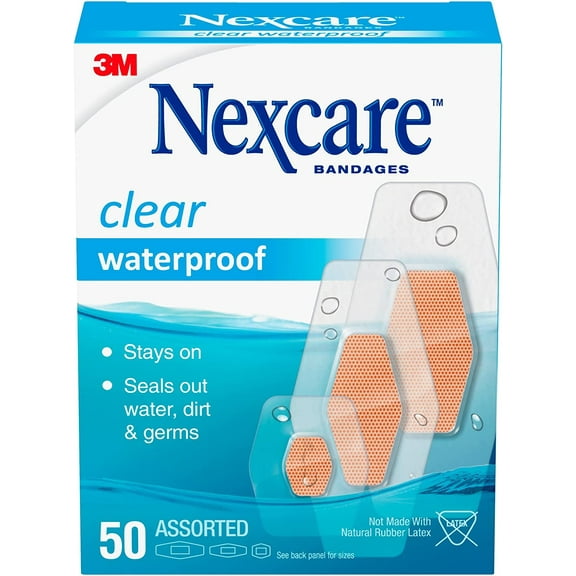 Nexcare Waterproof Clear Bandages Assorted Sizes, 50 Bandages