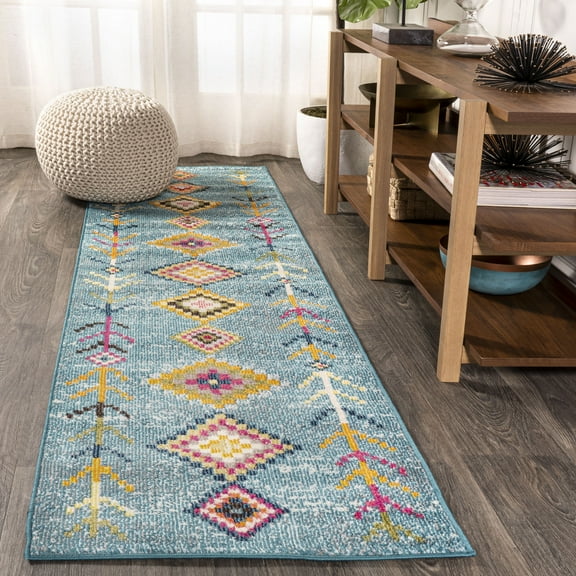 JONATHAN Y MOROCCAN HYPE 2 x 8 Runner Rug, Tribal Love Geometric - Light Blue/Multi, MOH105D-28
