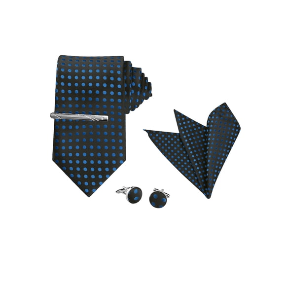 INSPIRE CHIC Corbata de lunares para hombre, clip de corbata, gemelos, juego de pañuelo de bolsillo para negocios y bodas negro azul