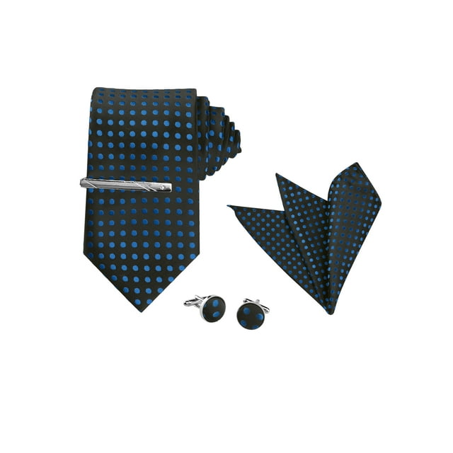 INSPIRE CHIC Corbata de lunares para hombre, clip de corbata, gemelos, juego de pañuelo de bolsillo para negocios y bodas negro azul