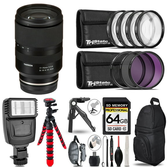 Tamron 17-70mm f/2.8 Di III-A VC RXD Lens for Sony E   Slave Flash   MACRO, UV-CPL-FLD - 64GB Accessory Bundle