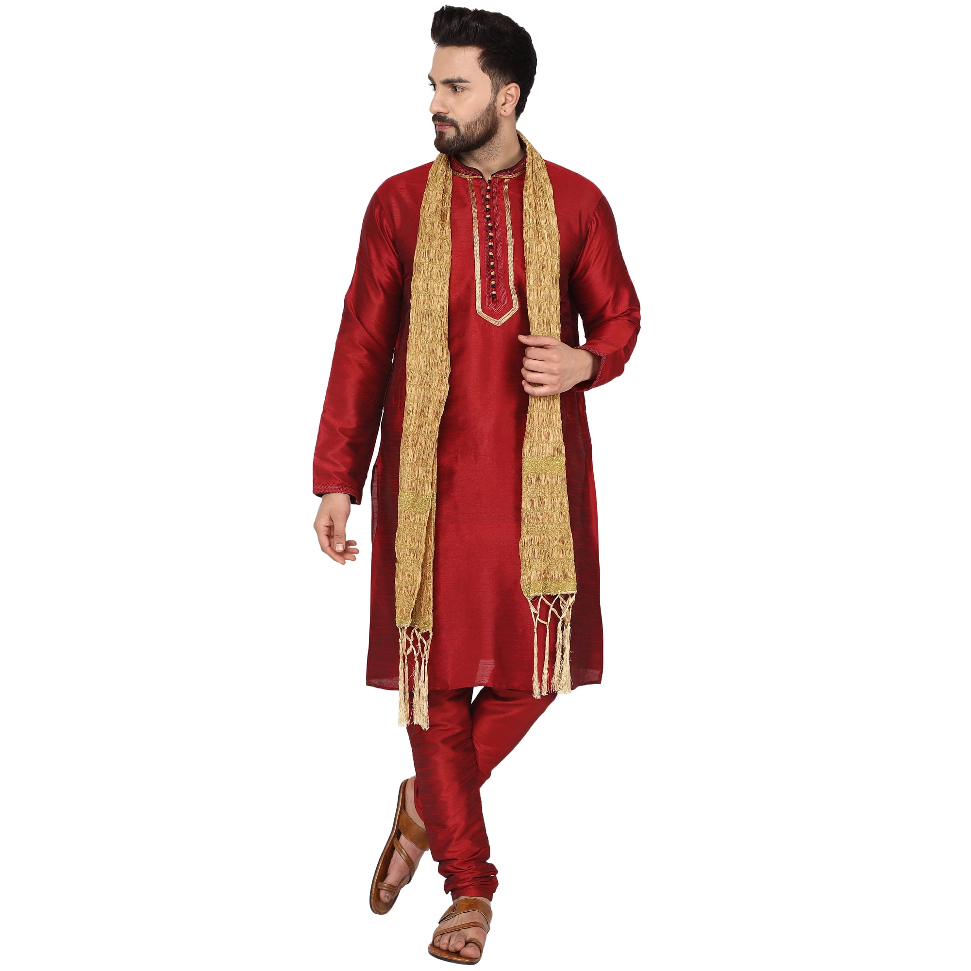 SKAVIJ Kurta Pajama and Scarf Set for Men 3 Piece Wedding Party Outfit Red L Walmart