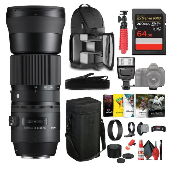 Sigma 150-600mm f/5-6.3 DG OS HSM Contemporary Lens for Canon EF Bundle Includes: Backpack, Flash, Memory Card, Card Wallet, 12 inch tripod, Cleaning Kit, Blower Brush, Lens Pen, Neck Strap    more