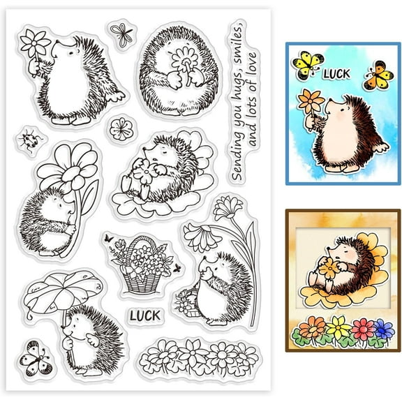 Hedgehog Clear Stamps Flowers Silicone Clear Stamp Seals Animal Transparent Stamps for DIY Scrapbooking Cards Making Photo Album Journal Home Decoration for DIY