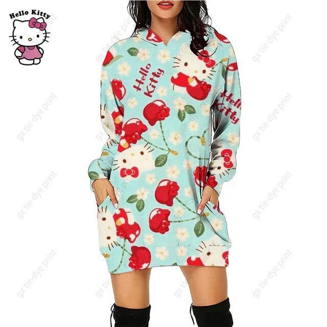 Nouveau Chandail à Capuchon Léopard Hello Kitty Femme Simple Col Rond Polyvalent Chandail Long Bureau Décontracté Ample Chandails à Capuchon Robe d'Automne