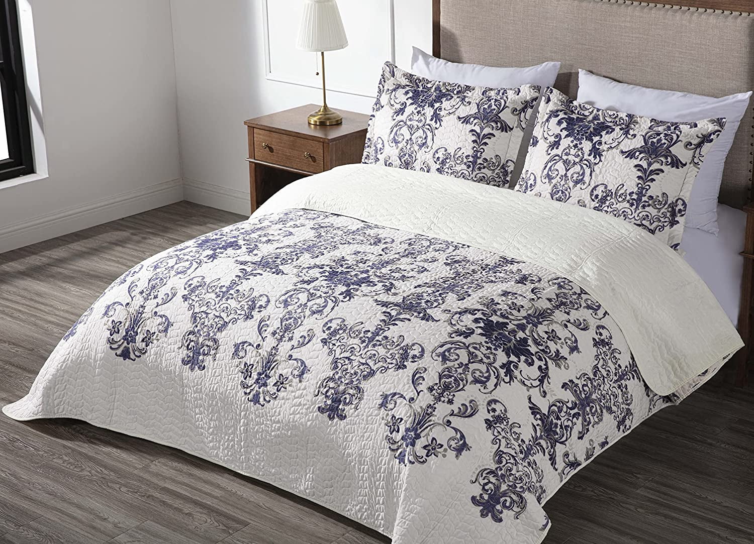Chezmoi Collection Chloris 3-Piece Pre-Washed Medallion Quilt Set, Printed Floral Microfiber Navy Blue Taupe Light Ivory Bedspread, Queen