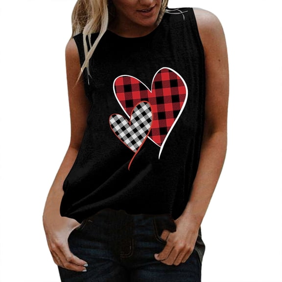 Womens Valentine Day Heart Love Print Tee Sleeveless Crewneck T-Shirt Vest Tee Blouse Casual Tank Tops