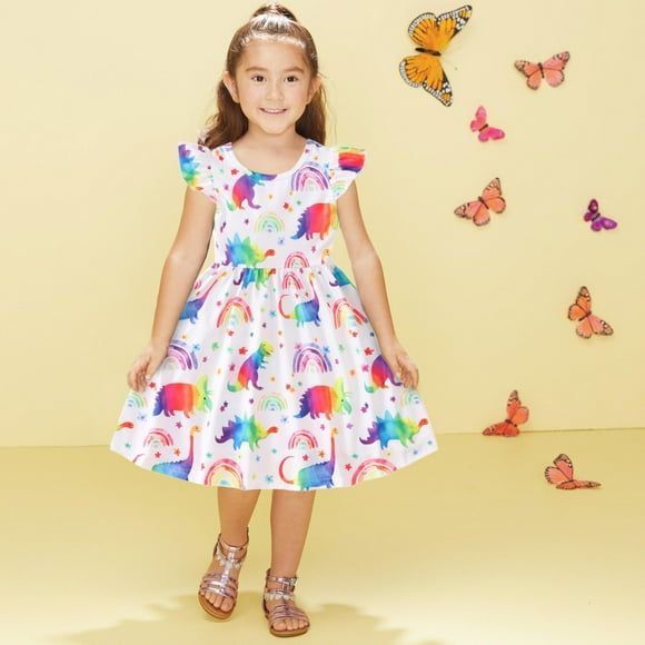 Robes pour Filles pour Tout-Petits - Robe d'Été à Manches Volantées avec Imprimés de Dinosaures Dessin Animé pour Filles