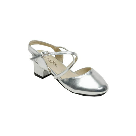Pazitos Girls Silver D'Orsey Criss Cross Strap Kitten Heel (Best Cross Country Shoes For Middle School)