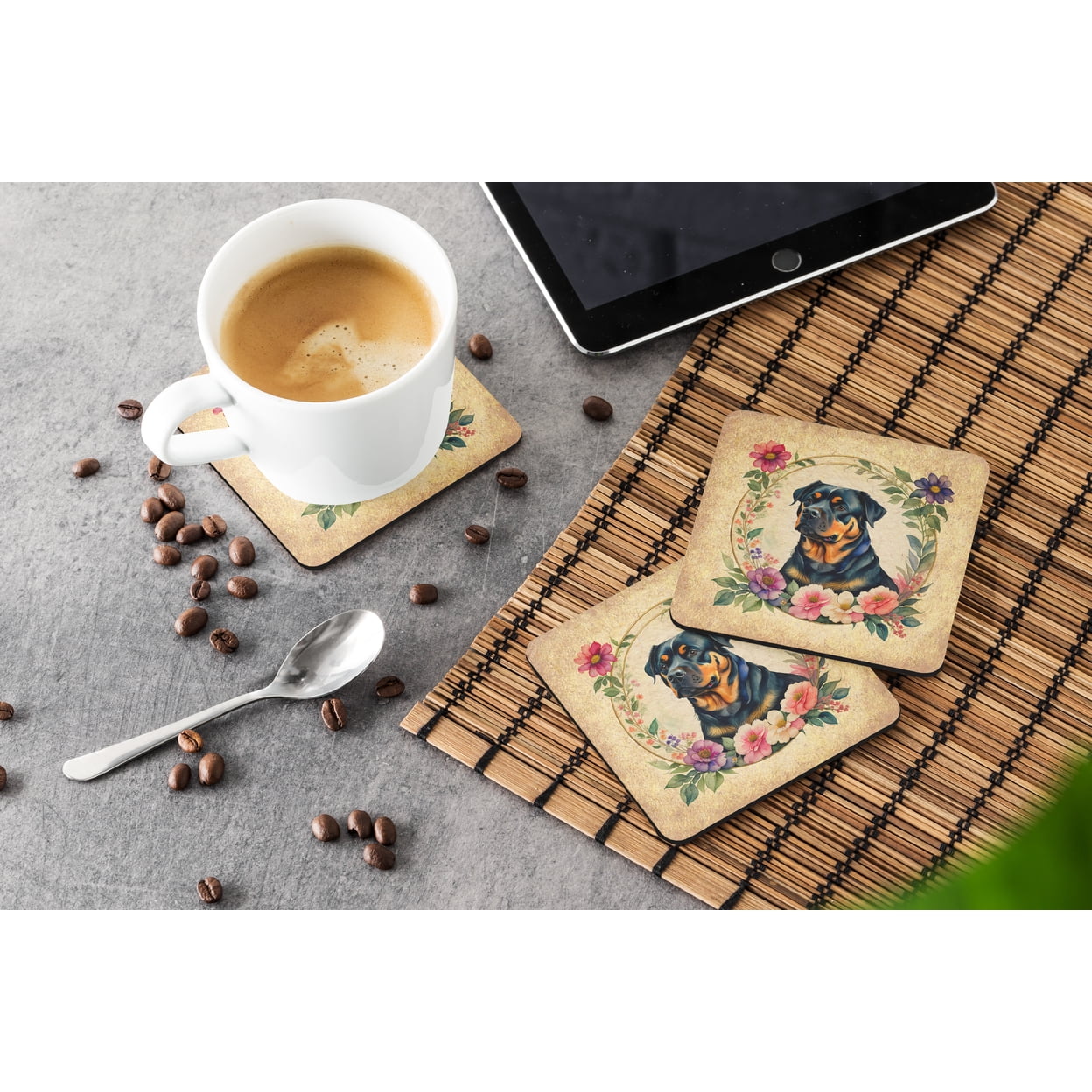 Rottweiler and Flowers Foam Coaster Set of 4 3.5 in x 3.5 in