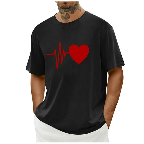 Tops para hombre, blusas y camisas de cuello redondo y manga corta para hombre. Camiseta/camisa informal de cuello redondo y manga corta con estampado de corazones para hombre. Tops de poliéster para