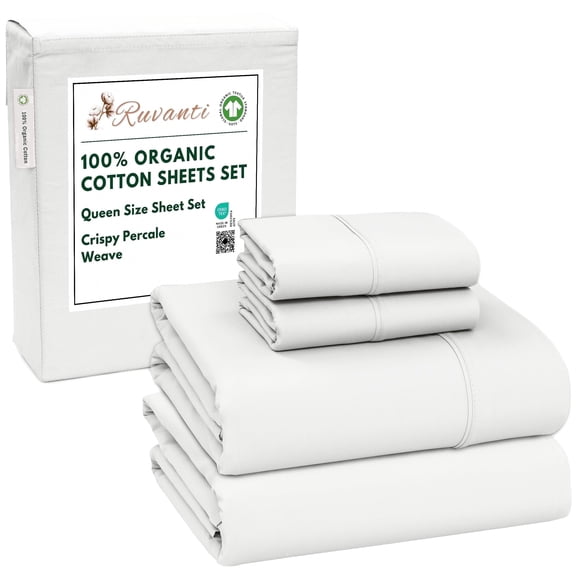 RUVANTI 100% Organic Cotton Sheets - Queen Sheet Set - 4 Piece Percale Weave Bedding, Crisp, Cooling & Breathable, Soft & Durable, 16" Deep Pocket, Hotel Quality Sábanas - Bit of Blue