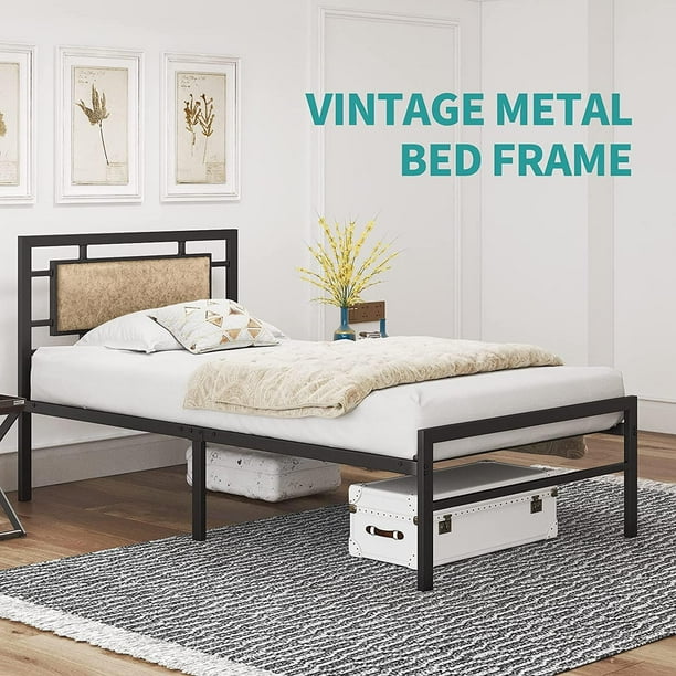 UBesGoo Vintage Metal Twin Bed Frame Rustic Brown Upholstered Faux