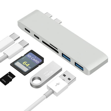 TSV USB Hub 6-in-1 Type C Pro Hub Adapter for 2016/2017 MacBook Pro 13”and 15”Aluminum, Thunderbolt 3, USB 3.0, Mirco SD / SD Card (Best Usb Hub For Macbook Pro 2019)