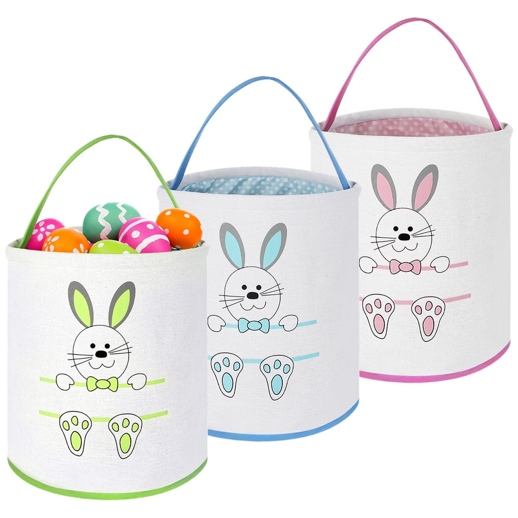 3Pcs Easter Egg Hunt Baskets, Cute Bunny Canvas Toys Buckets, Kids