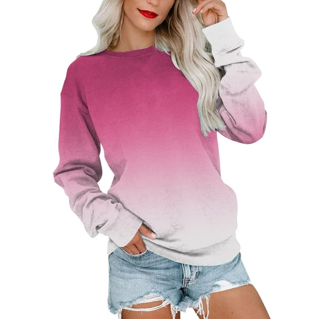 WEAIXIMIUNG Womens Zip Up Sweatshirt Jacket Womens Gradient Print Casual Round Neck Sweatshirt Long Sleeve Top Cute Pullover Loose Version Pullover Sweater