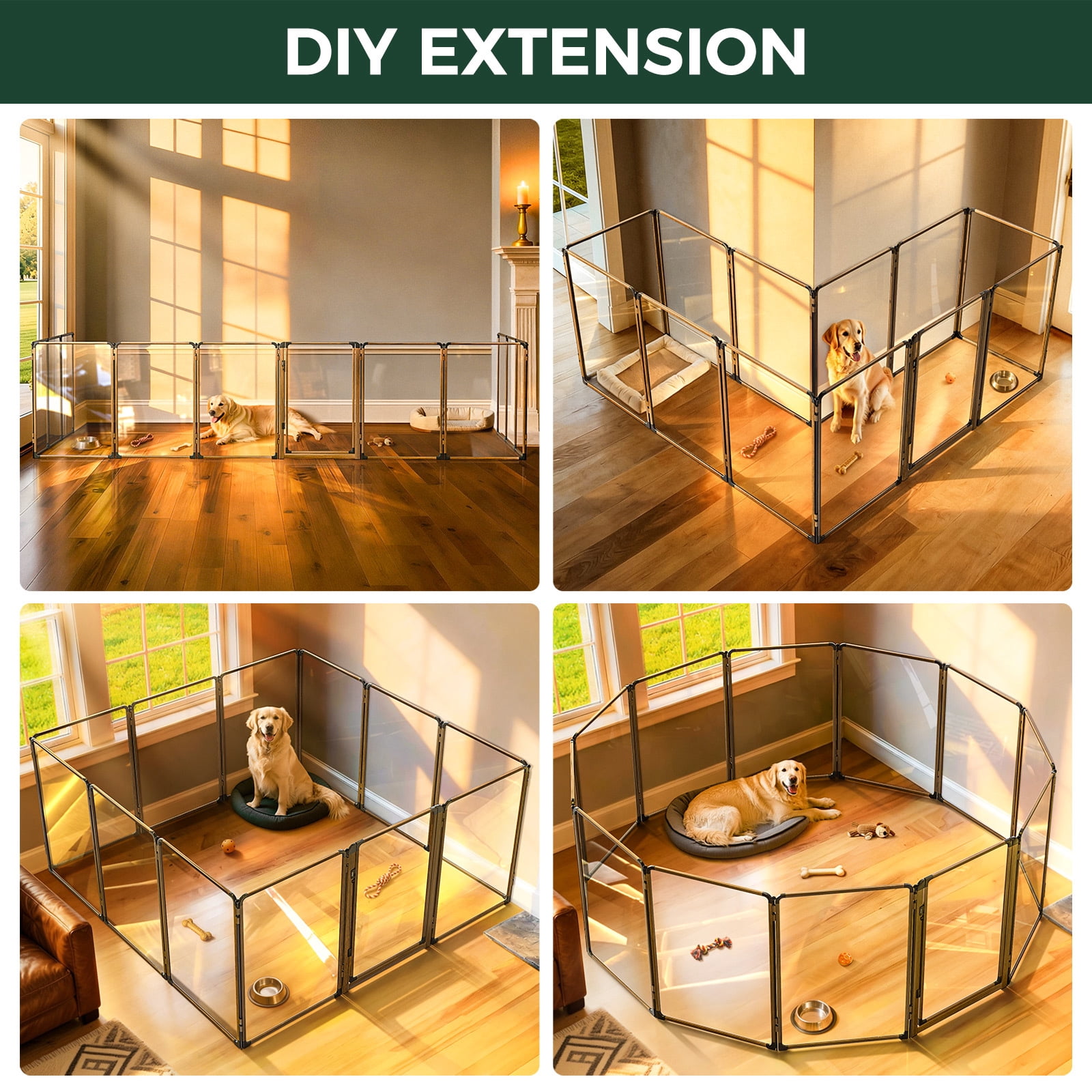 FXW AuraSpace Pro Metal & Acrylic Indoor Dog Playpen, All-Acrylic Clear Heavy-Duty Design, 40" Height 12 Panels for Medium and Large Dogs, Walnut│Patented