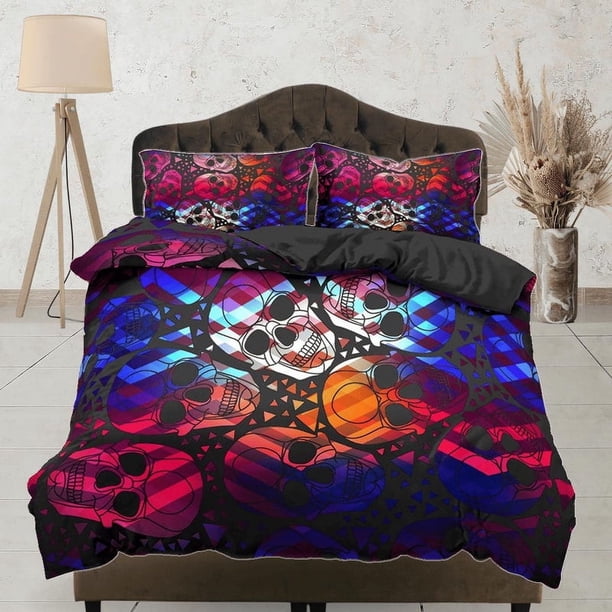 Colorful Skulls Negro Funda Nórdica Juego Colcha, Dormitorio Ropa de cama con funda de almohada