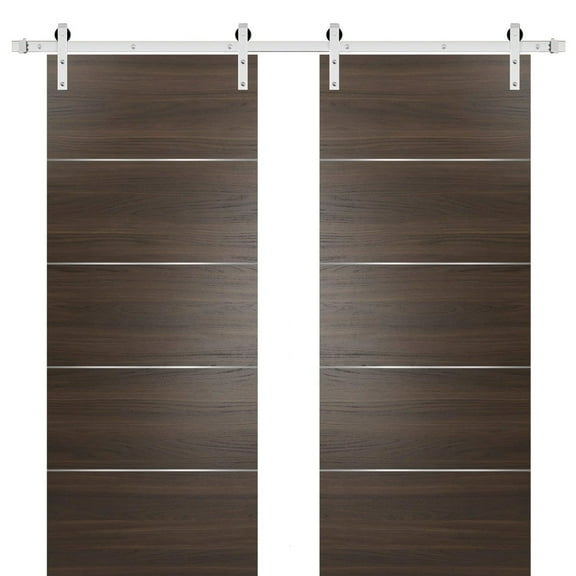 Sliding Double Barn Doors with Hardware | Planum 0020 Chocolate Ash | 13FT Rail Hangers Sturdy Set | Modern Solid Panel Interior Hall Bedroom Bathroom Door-36" x 96" (2* 18x96)-Silver Rail