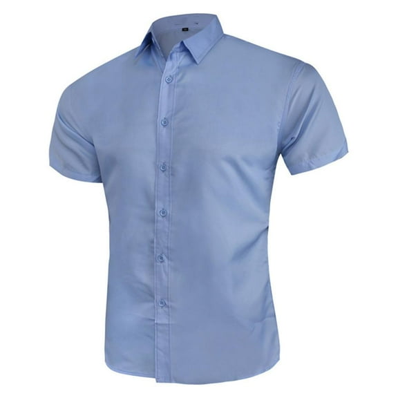 VERUGU Mens Shirts Casual Formal Solid Color Print T-Shirts Short Sleeve Turndown Collar Blouse Top Sky Blue L