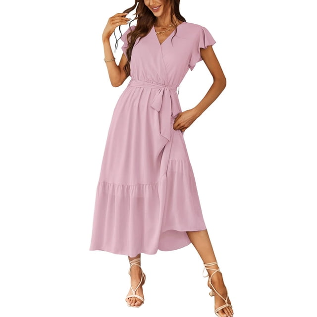 Vestido PRETTYGARDEN Floral Boho Cruzado con Cinturón Rosa M