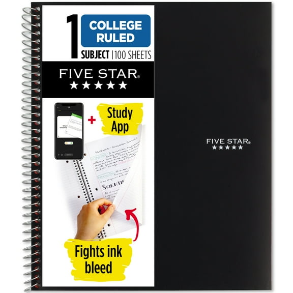 Five Star 1 Subject College Ruled Notebook Plus Study App, 8.5" x 11", Black, Poly, Spiral, 100 Sheets