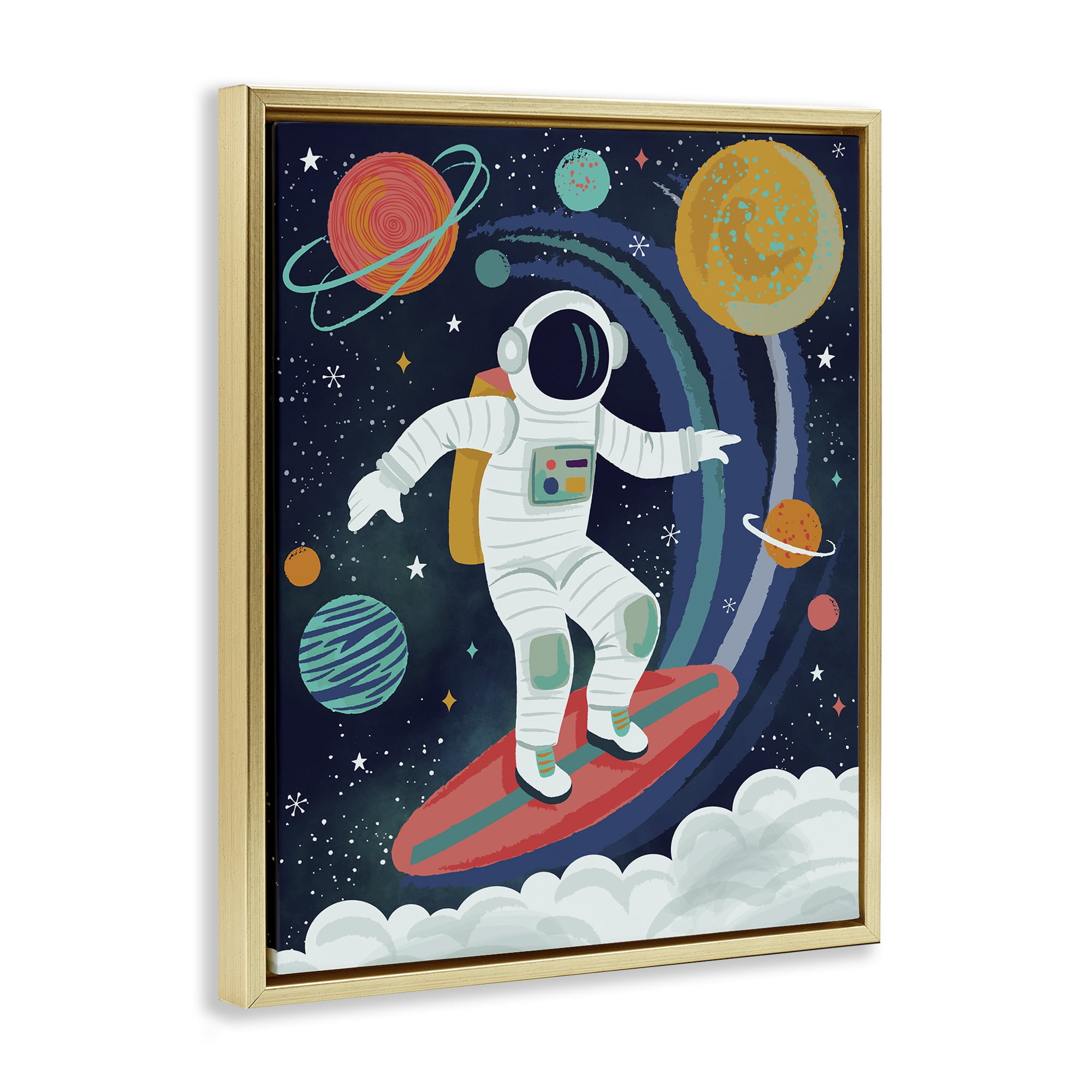 Stupell Industries Surfing Astronaut Beyond Space Gold Framed Floater Canvas Wall Art, design by Lisa Perry Whitebutton