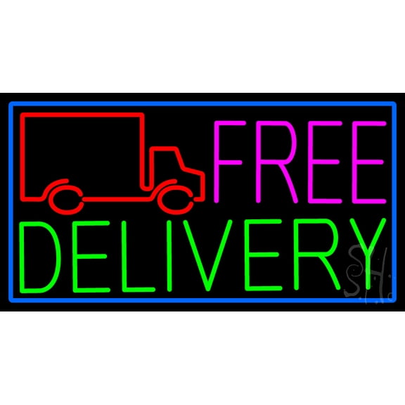 Free Delivery And Van With Blue Border LED Neon Sign 13 x 24 - inches, Clear Edge Cut Acrylic Backing, with Dimmer - Bright and Premium built indoor LED Neon Sign for Bar decor.