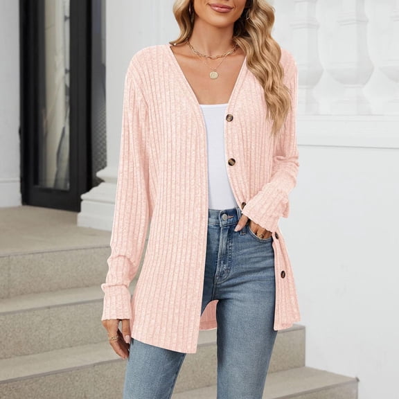 Meichang Womens Cardigan Sweaters Lightweight Open Front Button Ribbed Knit Cardigans V Neck Long Sleeve Fall Sweater Cardigan