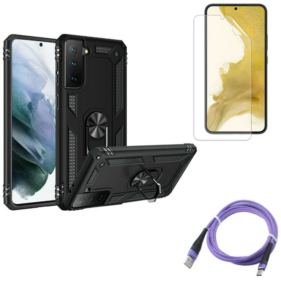 6ft USB Cable & Hybrid Case Cover & Matte Screen Protector for Samsung Galaxy S22 (6.1") - Purple Type-C & Metal Ring Kickstand & TPU Film Anti-Glare Accessory Bundle