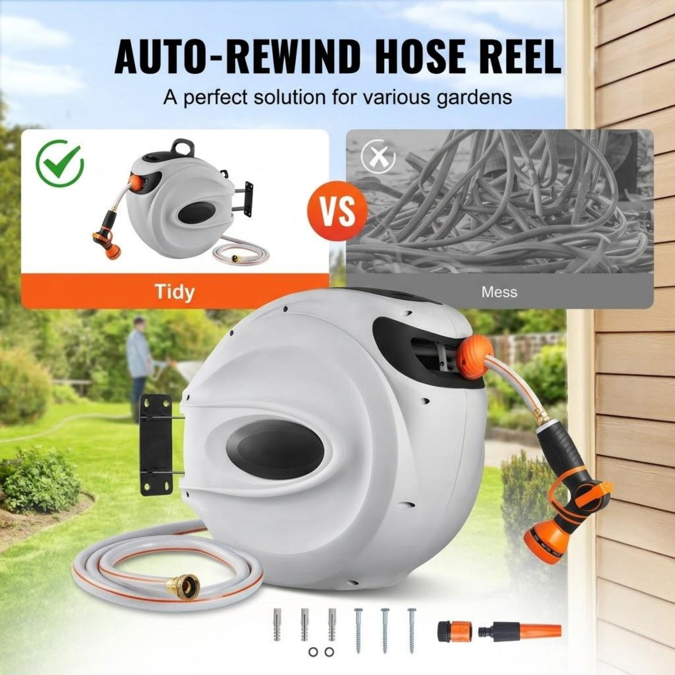 115ft x 1/2" Retractable Hose Reel, Wall-Mounted with 180° Swivel, Auto Rewind, Any-Length Lock & Slow Return, Includes 9-Pattern Nozzle