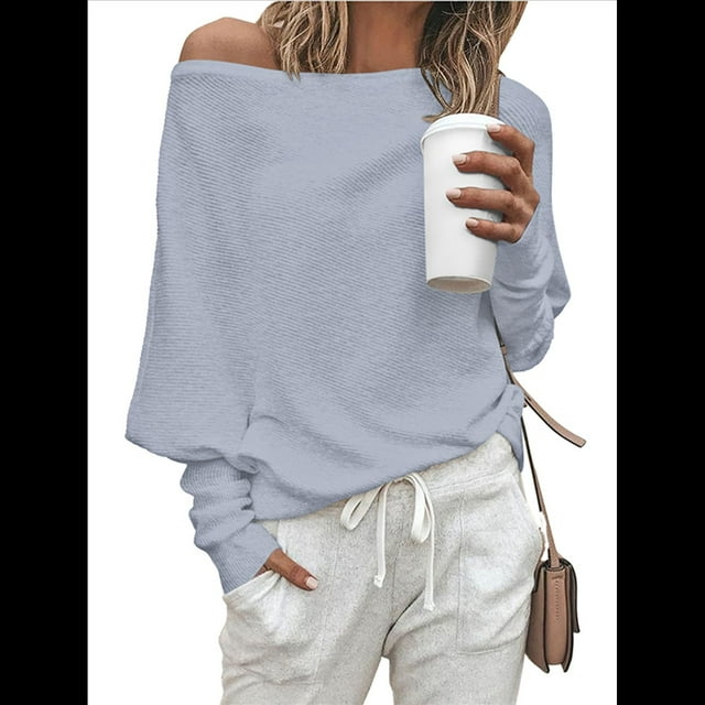 Suéter de Otoño para Mujer, Informal, de Larga Tipo Murciélago, Holgado, con Hombros Descubiertos, de Punto. Gris M