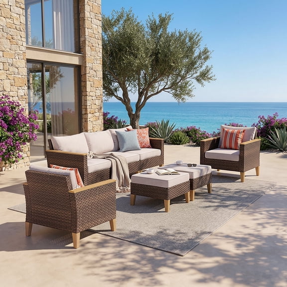 Alpha Joy 7 Pieces Outdoor Conversation Set with Armchairs Wicker Patio Furniture Set with Beige Cushions