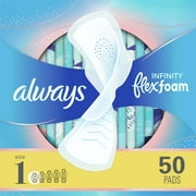 Always Infinity Feminine Pads, Size 1 Regular, with wings, unscented, 50 ct