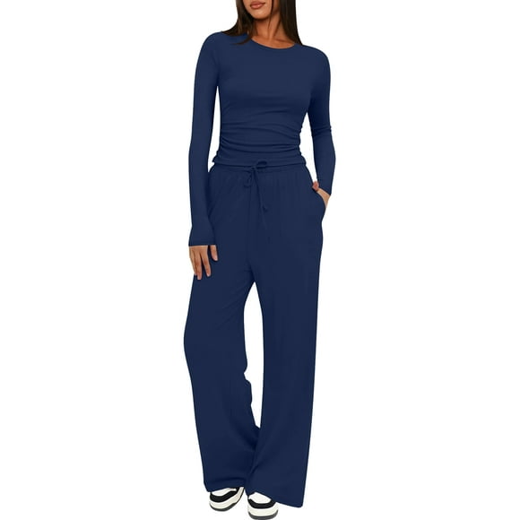 Conjuntos de 2 Piezas para Mujer, Conjuntos de Otoño, Chándales de Larga y Pierna , Conjuntos Casuales para Estar en Casa, Conjuntos A Juego. Azul Oscuro M